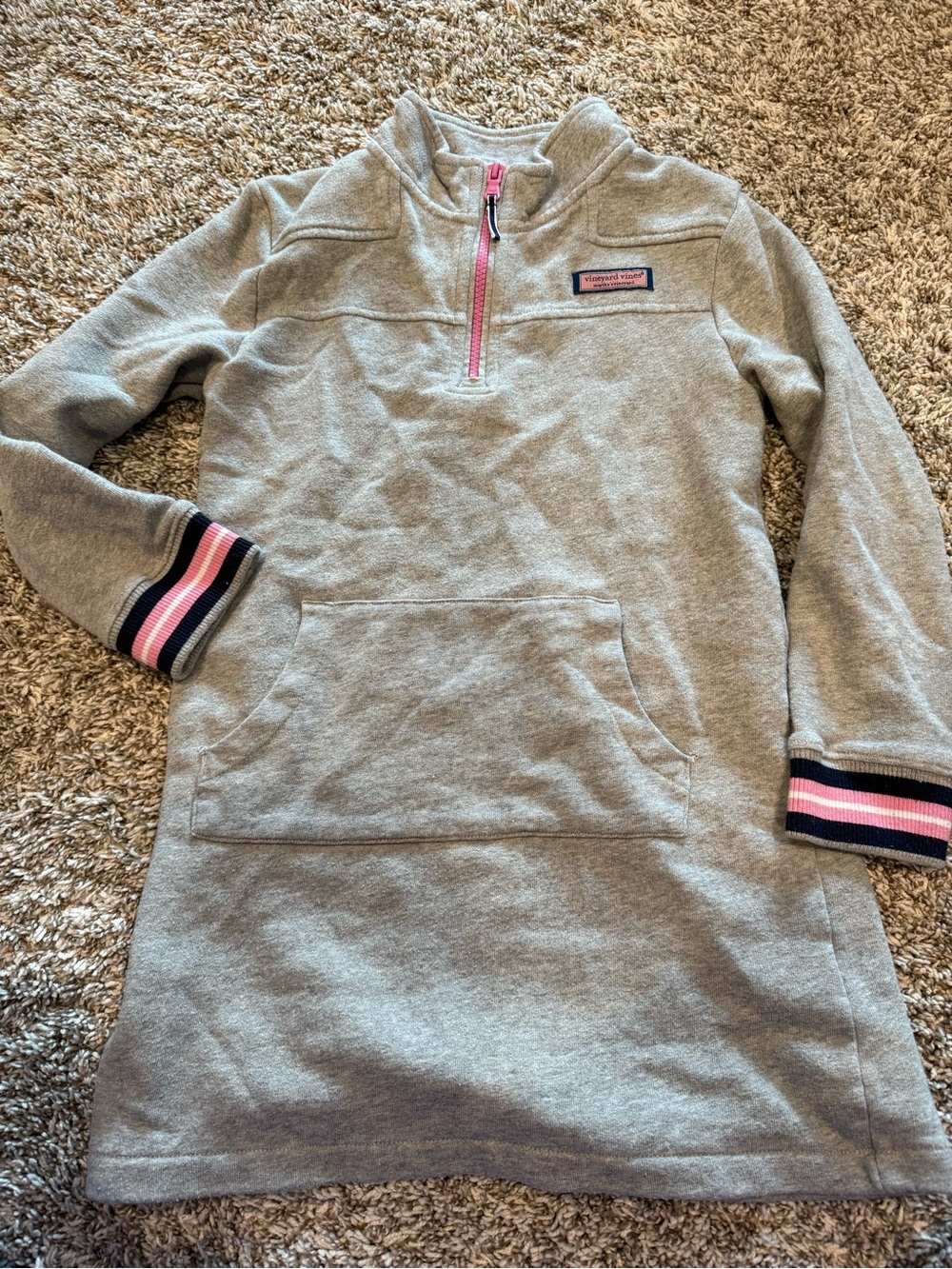 Vineyard Vines Girls' Gray Sweatshirt Dress with Pink Trim